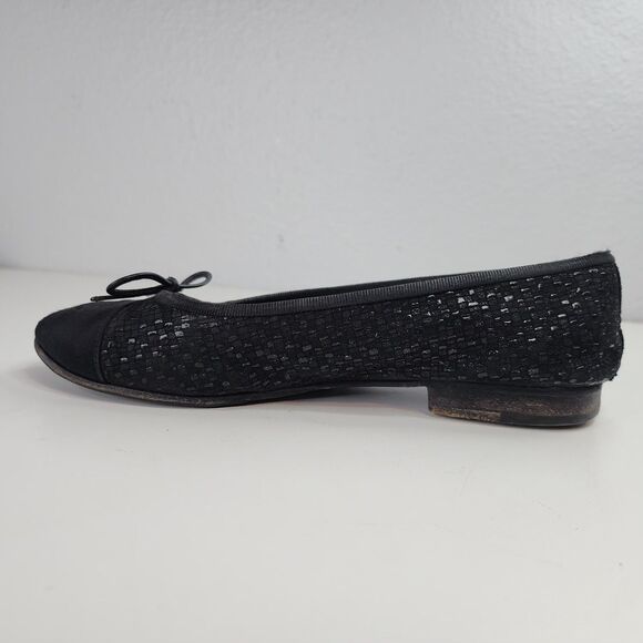 Chanel Glitter Tweed Ballet Flats Black Grosgrain Cap Toe Bow 37 Made in Italy - Picture 7 of 16